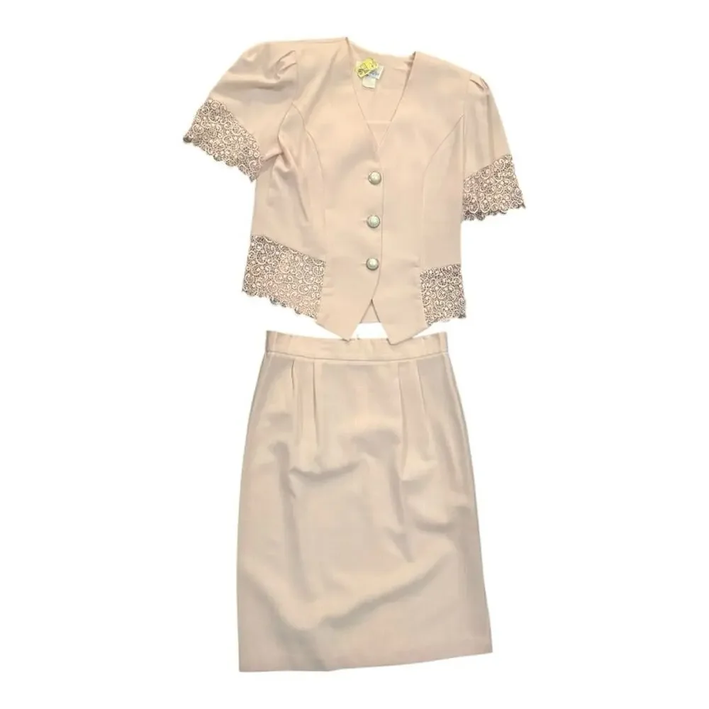 Vtg Blush Pink Lace Trim Skirt Suit Size 8 Short Sleeve Peplum Jacket Romantic